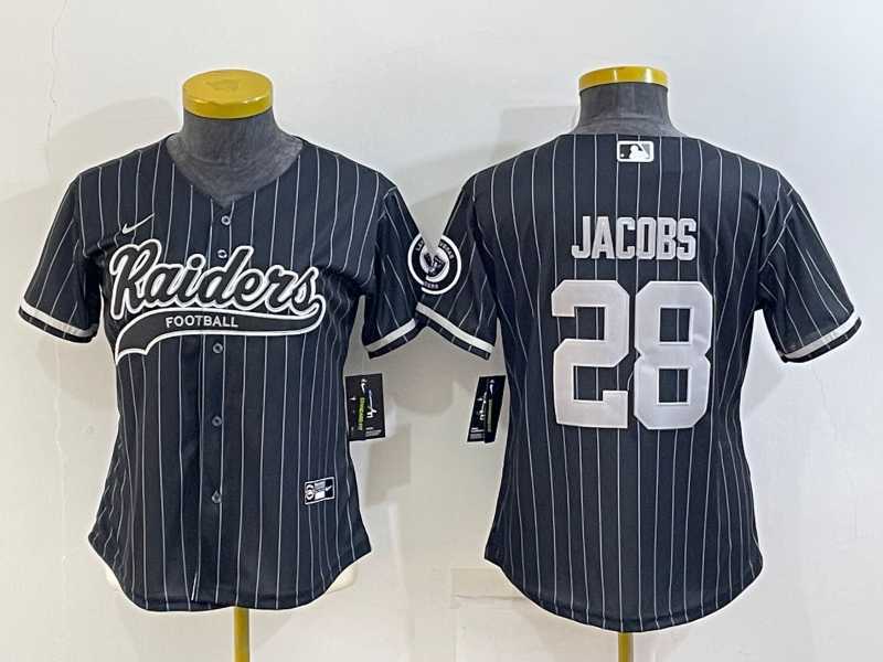 Womens Las Vegas Raiders #28 Josh Jacobs Black Team Big Logo With Patch Cool Base Stitched Baseball Jersey